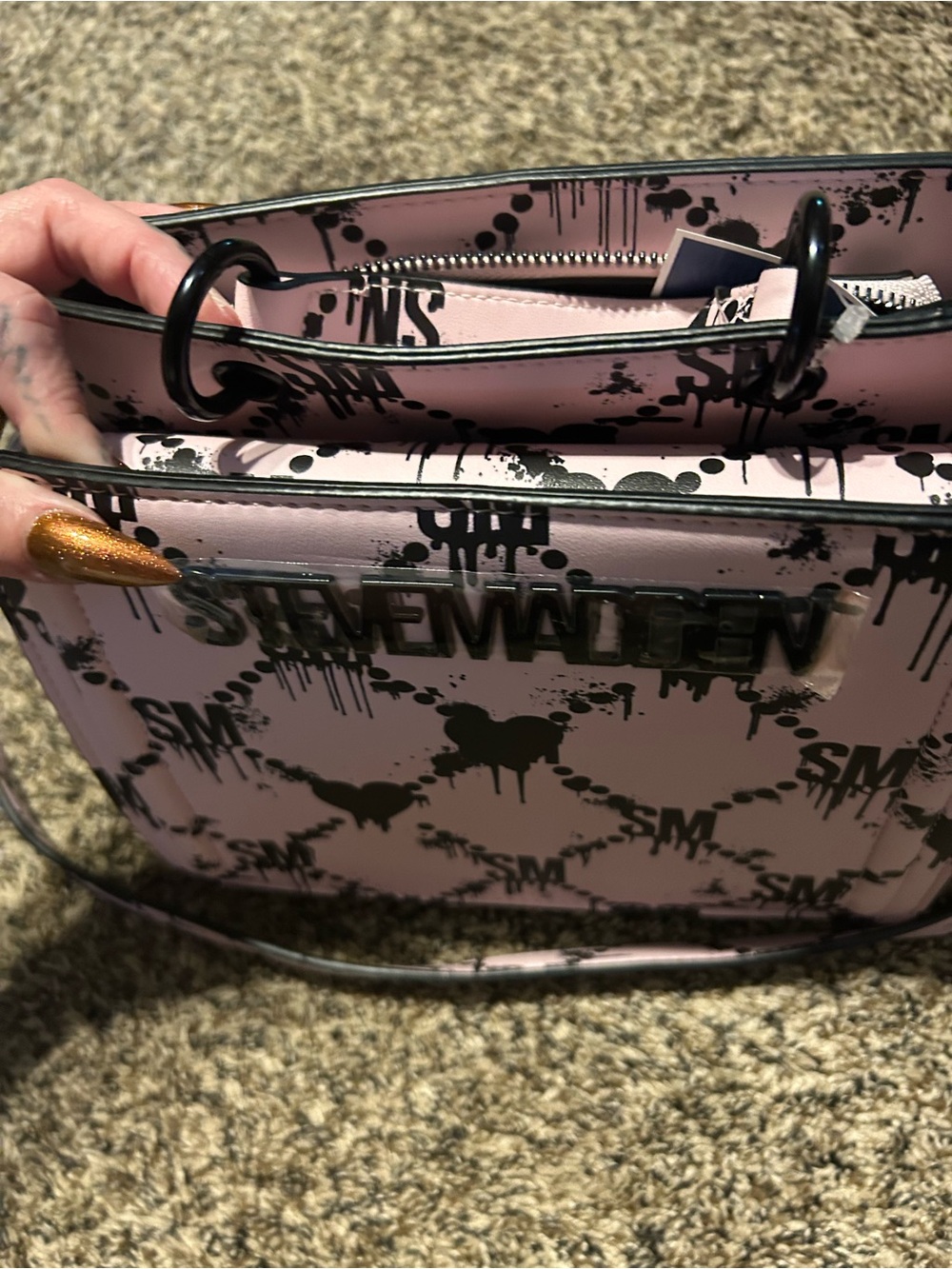 Steve Madden Pink Tote with Black Logo Print